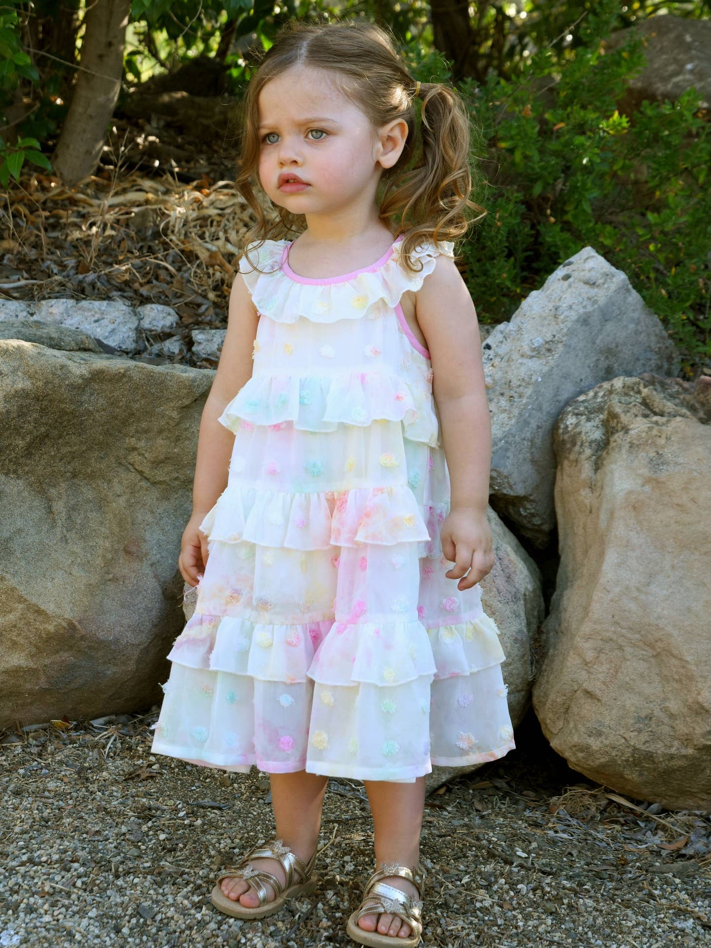 Little Girl’s Tie Dye 3D Chiffon Ruffle Tiered Dress Bib Scoop Color Block Neckline Sleeveless Tiered Ruffles Vibrant Pastel Watercolor Tie Dye Textured Polka Dots All Over Lined Perfect Easter Sunday Dress or Summer Beach Day