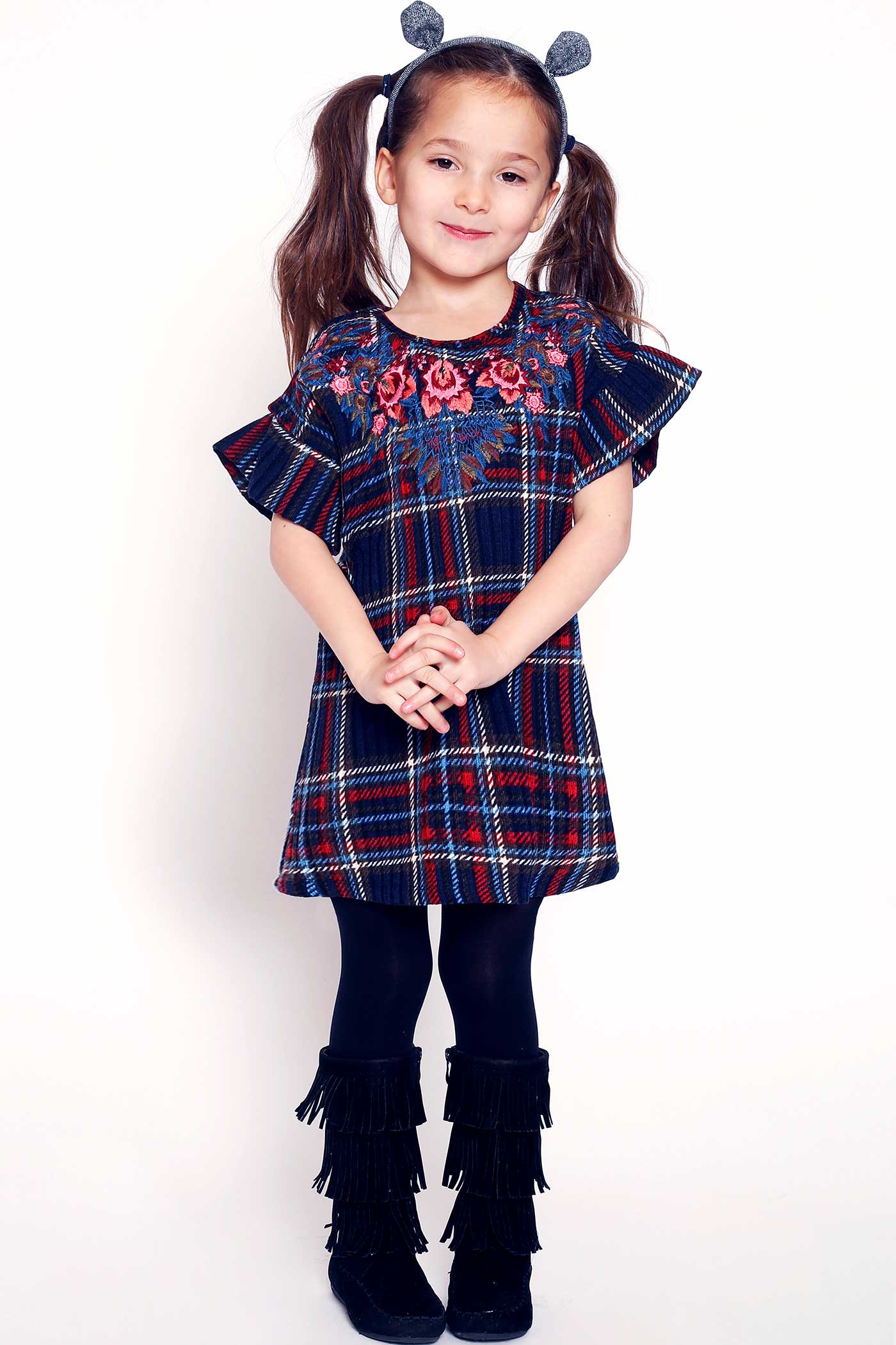 Hannah Banana Girls Flower Embroidered Short Sleeve Plaid Dress
