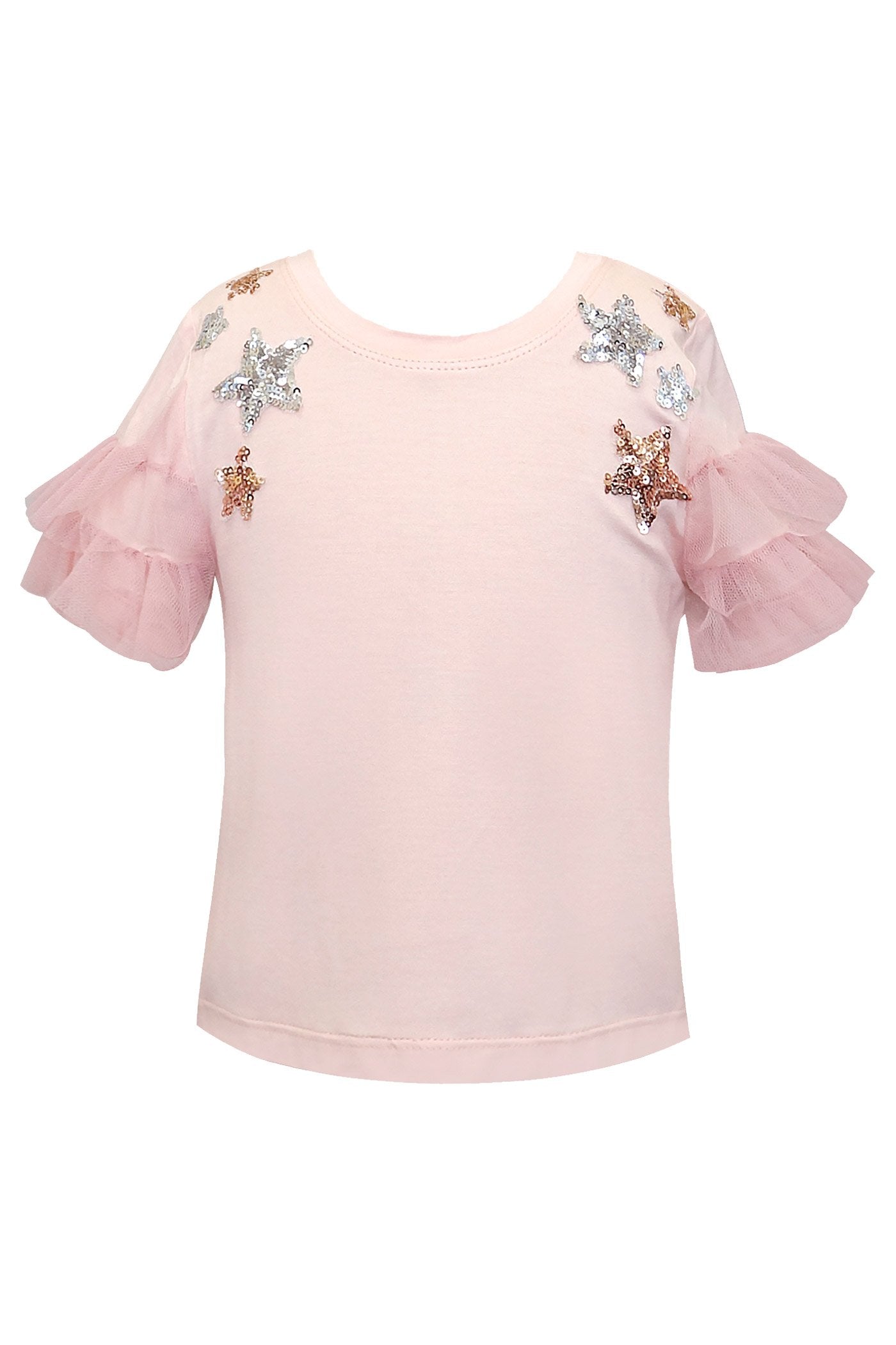 MESH RUFFLE SLEEVE TOP WITH STAR EMBELLISHMENT DETAIL