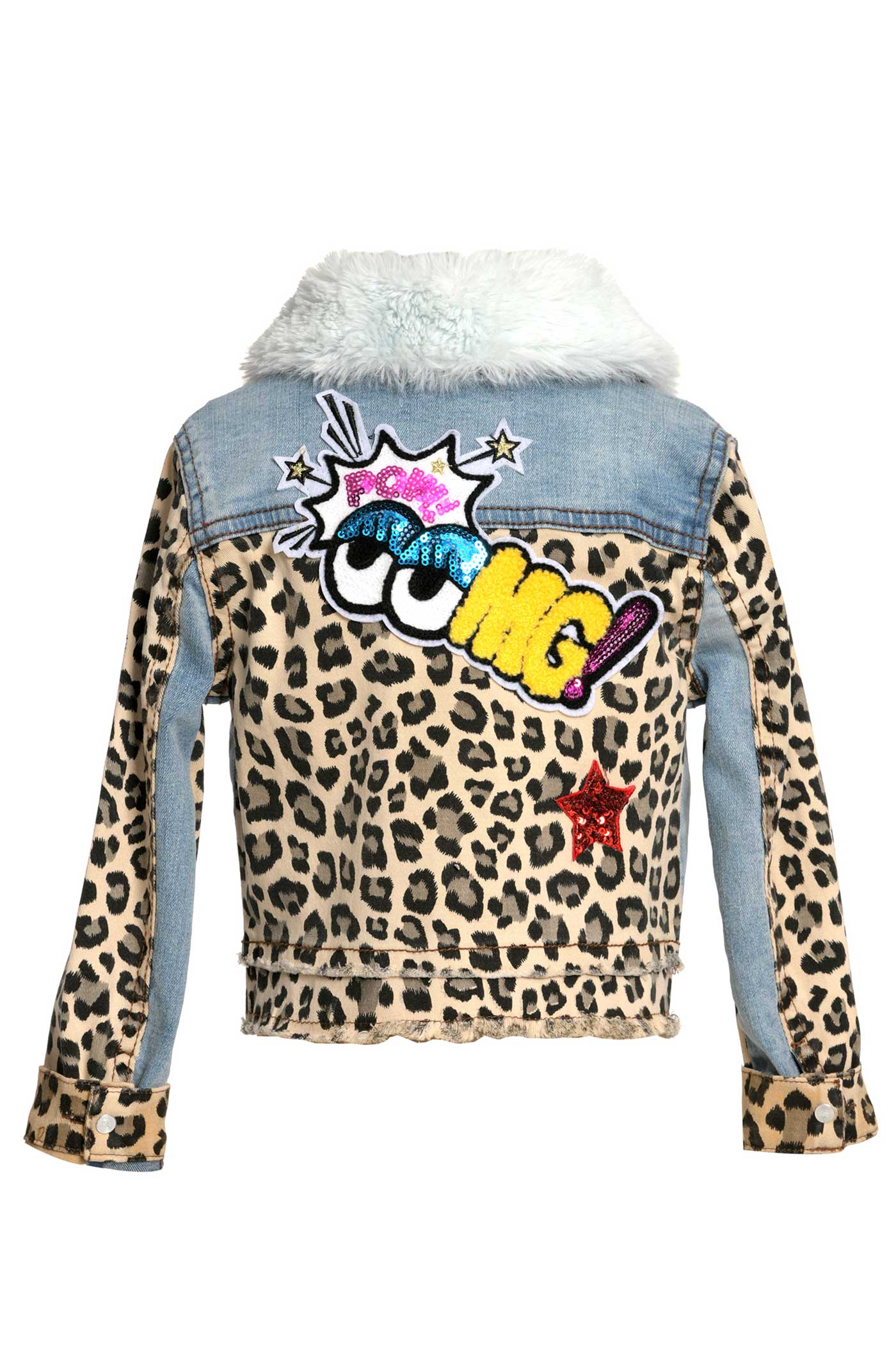 Baby Sara Little Girls Animal Print Fur Collar Denim Jacket