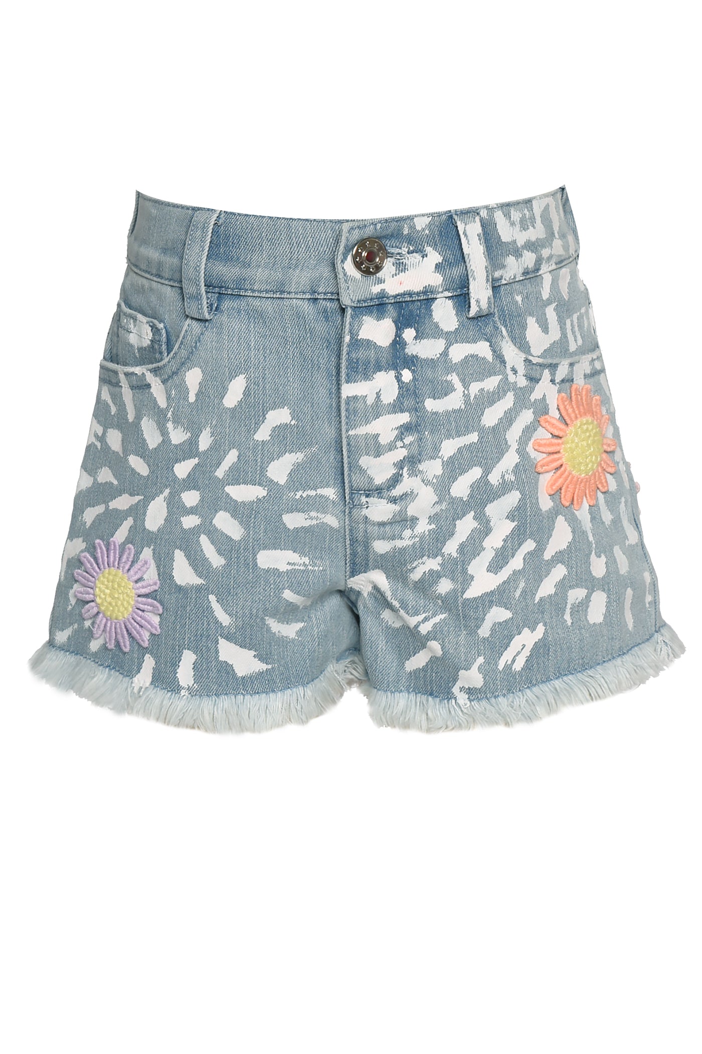 Little l Big Girl's Flower Child Daisy Denim Shorts Button Zipper Closure Colorful Daisy Embroidered Patches Frayed Distressed Hemline Long Sleeves Keywords: Little Girl's Boho Jacket, Bohemian Jacket, Flower Child Jacket, Spring Jacket, Summer Jacket, Daisy Print, Embroidered Jacket, Outerwear, Distressed Jacket, Frayed Hem Jacket, Little Girl's Boho Chic Jacket, Denim Jacket, Jean Jacket