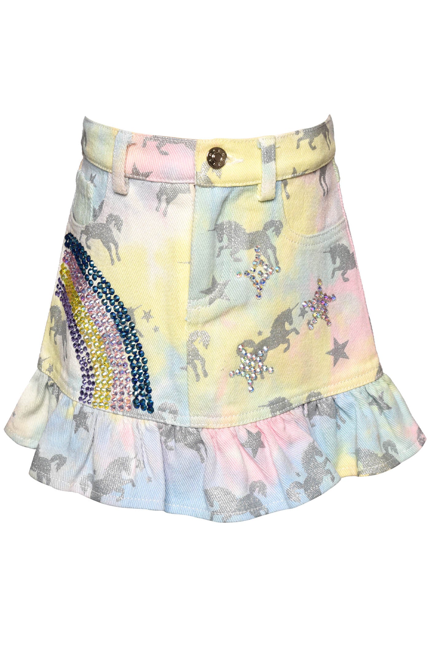 Metallic Silver Unicorn & Stars Rhinestone Stars For That Extra Sparkle Pastel Rainbow Tie Dye: Baby Blue, Sunshine Yellow, and Blush Pink Zipper & Button Down Closure Rhinestone Statement: Rainbow Ruffled Bottom Hem For Extra Cuteness For The Little Cow Girl Key Words: Spring Skirt, Summer Skirt, Casual Skirt, Tie Dye Skirt, Unicorn Skirt, Denim Skirt, Jean Skirt, Star Printed Skirt, Little Girl's Skirt, Big Girl's Skirt, Mini Fashionista