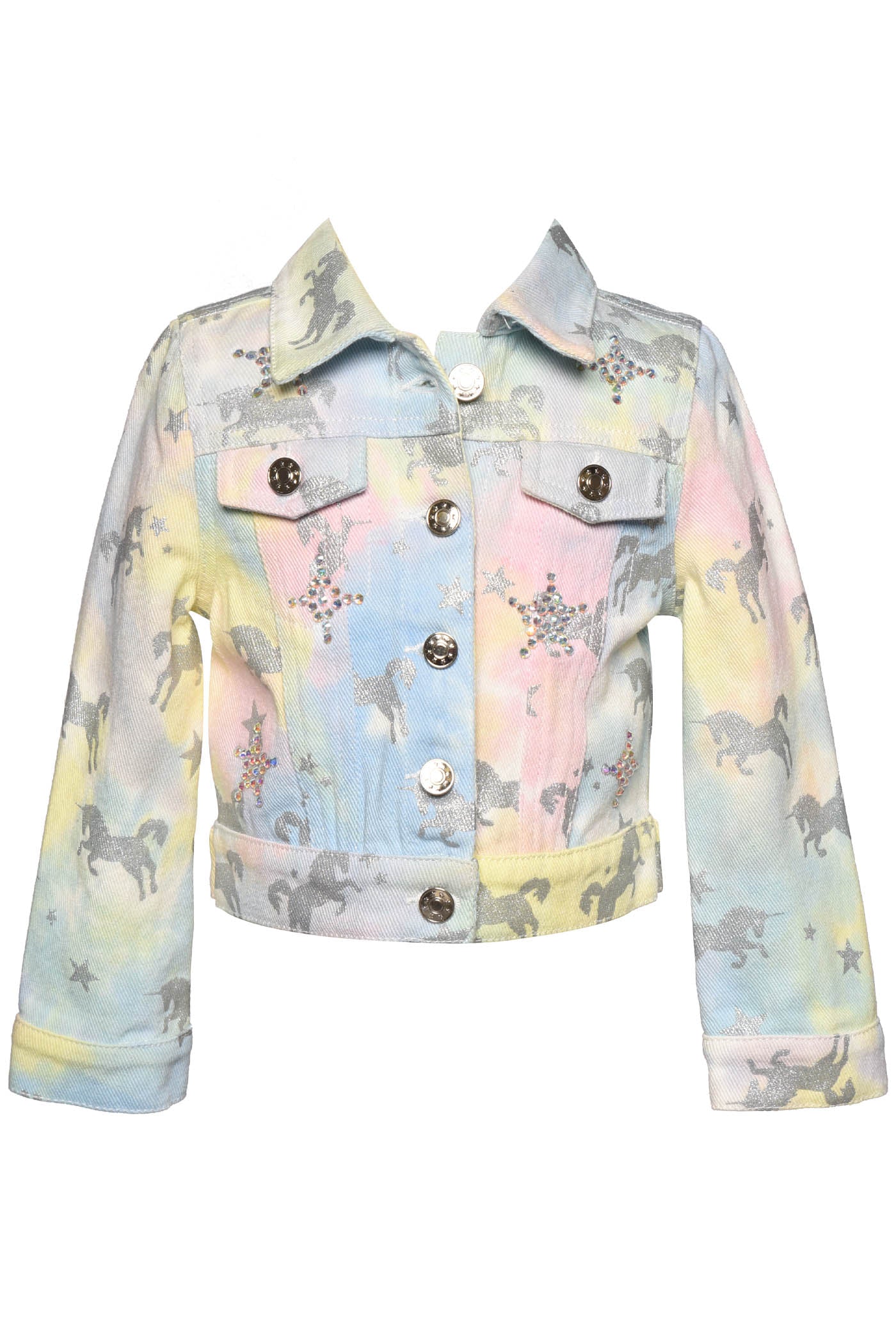 Metallic Silver Unicorn & Stars Rhinestone Stars For That Extra Sparkle Pastel Rainbow Tie Dye: Baby Blue, Sunshine Yellow, and Blush Pink Button Down Closure Long Sleeves Collar Neckline Rhinestone Statement: Heart, Rainbow, and Cloud Detail On Back Key Words: Spring Jacket, Summer Jacket, Casual Jacket, Tie Dye Jacket, Unicorn Jacket, Denim Jacket, Jean Jacket, Star Printed Jacket, Little Girl's Jacket, Big Girl's Jacket, Mini Fashionista