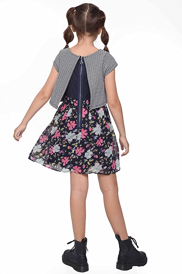 Little I Big Girls Abstract Watercolor Floral Dress Scoop Neckline Short Sleeves Twofer Look: Abstract Tunic Top & Floral Watercolor Bottom Exposed Back Zipper