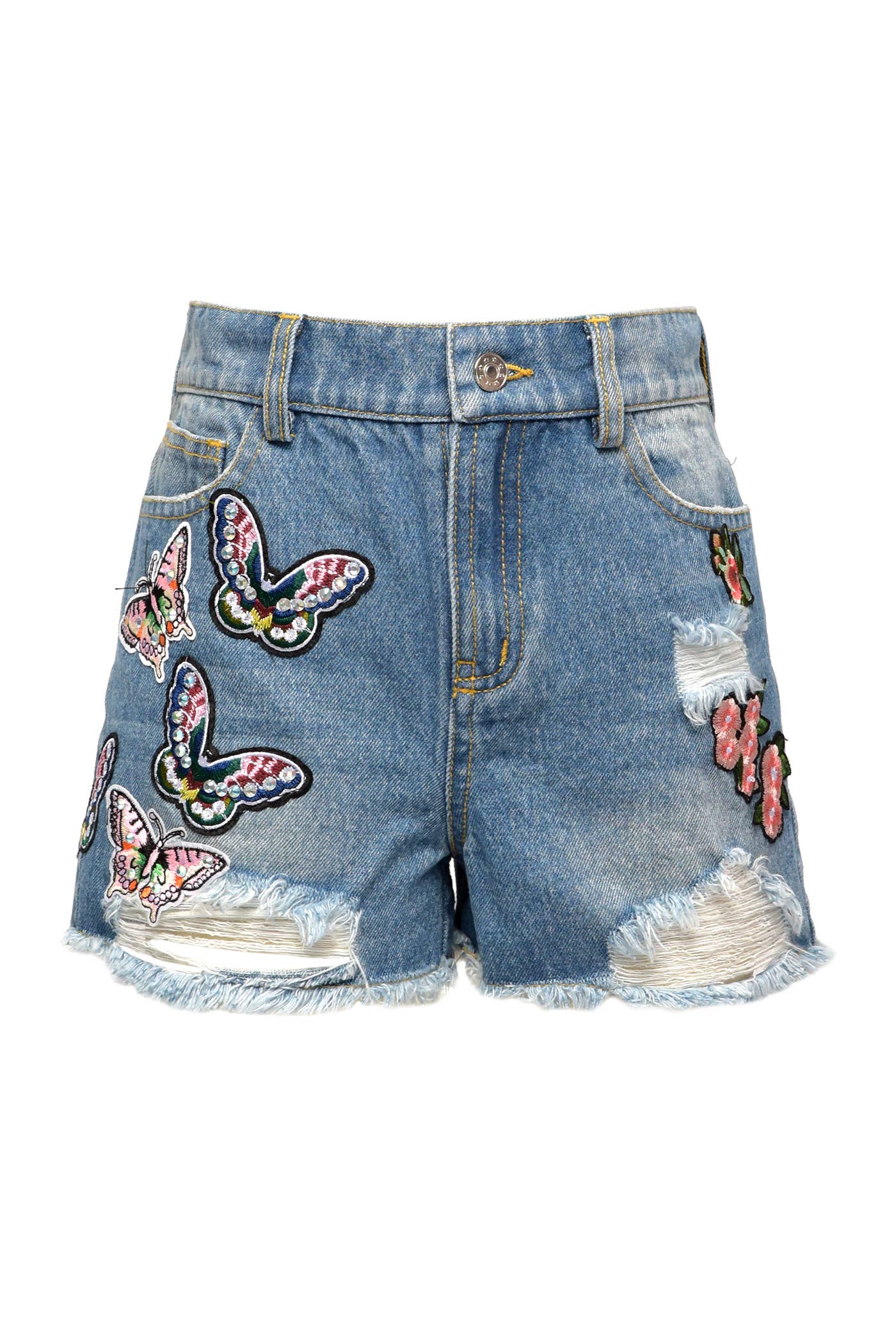 My Hannah Banana Girl’s Distressed Denim Butterfly Floral Patch Shorts. Distressed & Frayed Hem Shorts Light Medium Wash Butterfly & Floral Embroidered Patches Belt Loops Imported