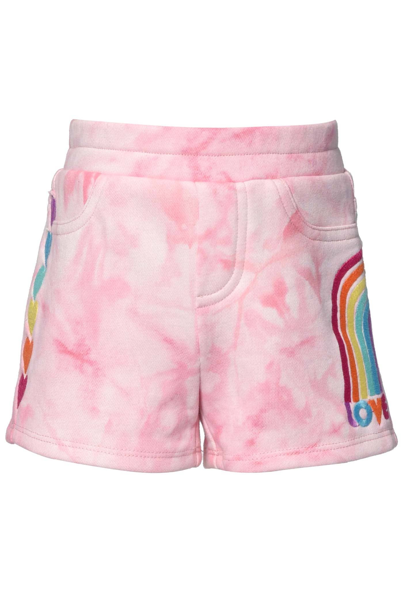 Little Girl’s Tie Dye Rainbow Embroidery “Love” Short My Hannah Banana Pink Pastel Tie Dye Embroidered Rainbow Heart On Side Of Leg Embroidered Rainbow & “Love” Text Elastic Waistband A Fun & Athleisure Sporty Look For Spring & Summer! Imported