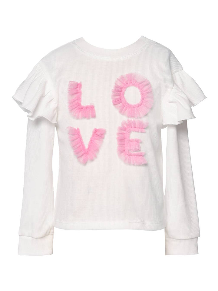 Toddler l Littler Girl’s Ruffled Mesh “Love” Text Long Sleeve Top