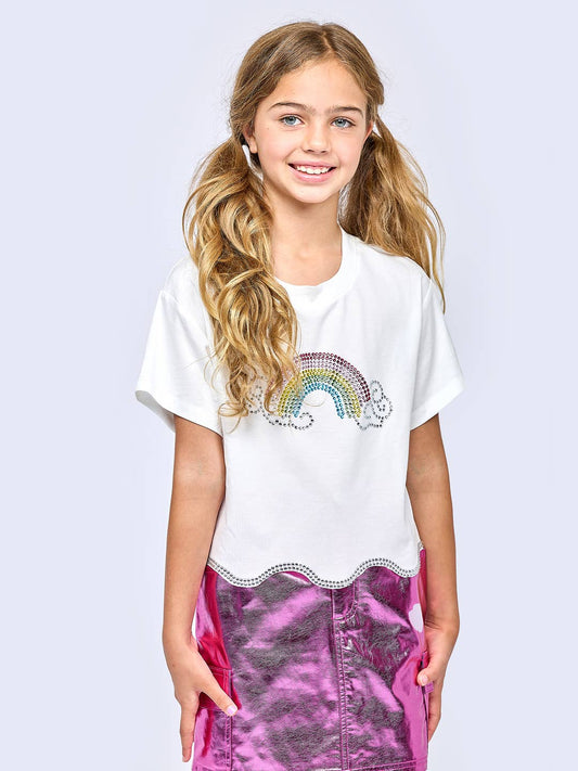Little l Tween l Big Girl’s Rhinestone Rainbow Wave Trim T-Shirt