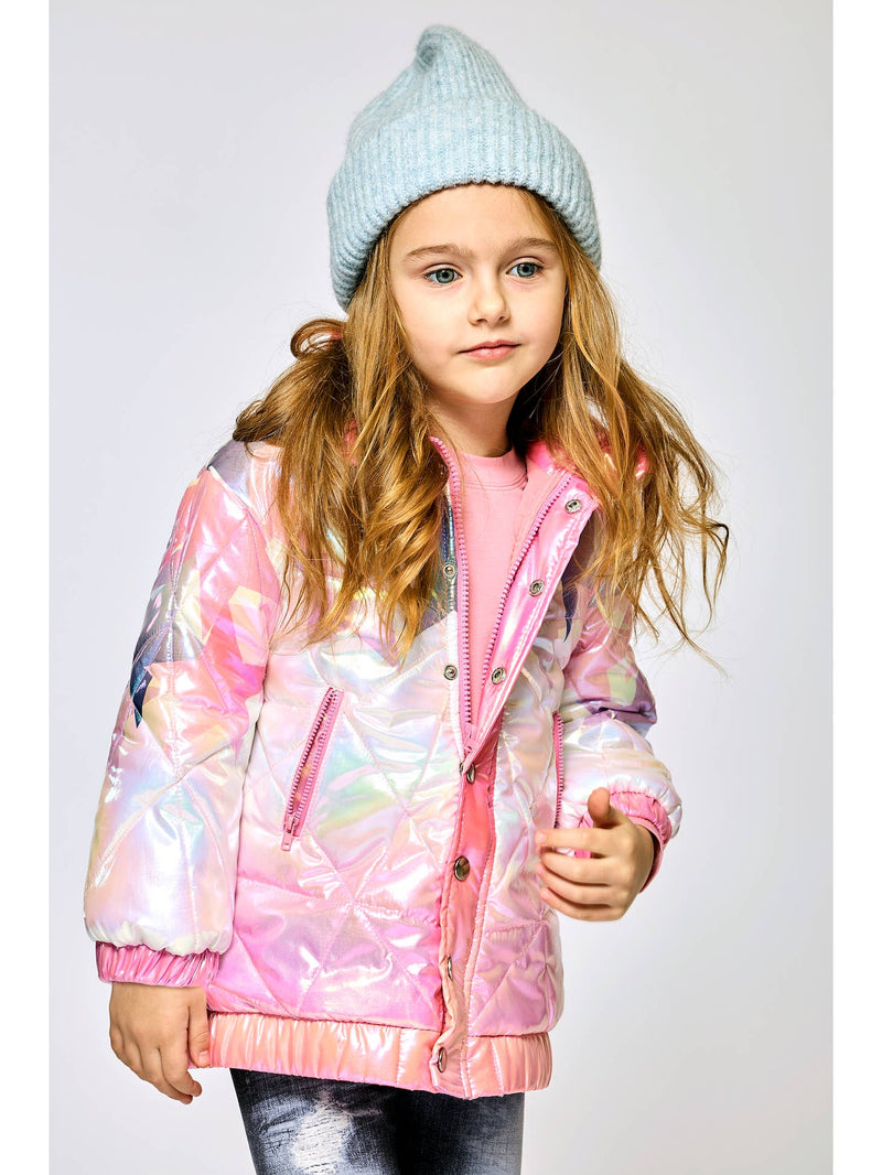 Little l Big Girl Pink Iridescent Star Print Mock Puffer Coat