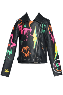 Little I Tween Girls Graffiti Rainbow Motto Faux Leather Jacket