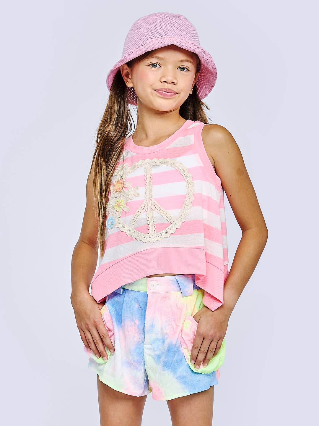 Little l Big l Tween Girl’s Stripe Daisy Embroidered Peace Sign Top