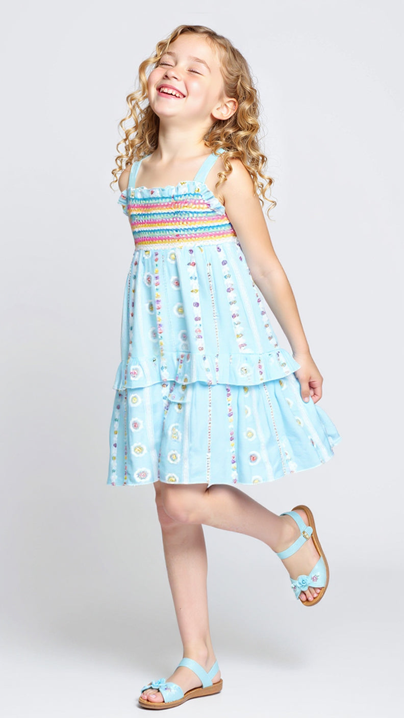 EMPIRE WAIST DRESS WITH HIGH LOW HEM AND EMBROIDERY DETAIL