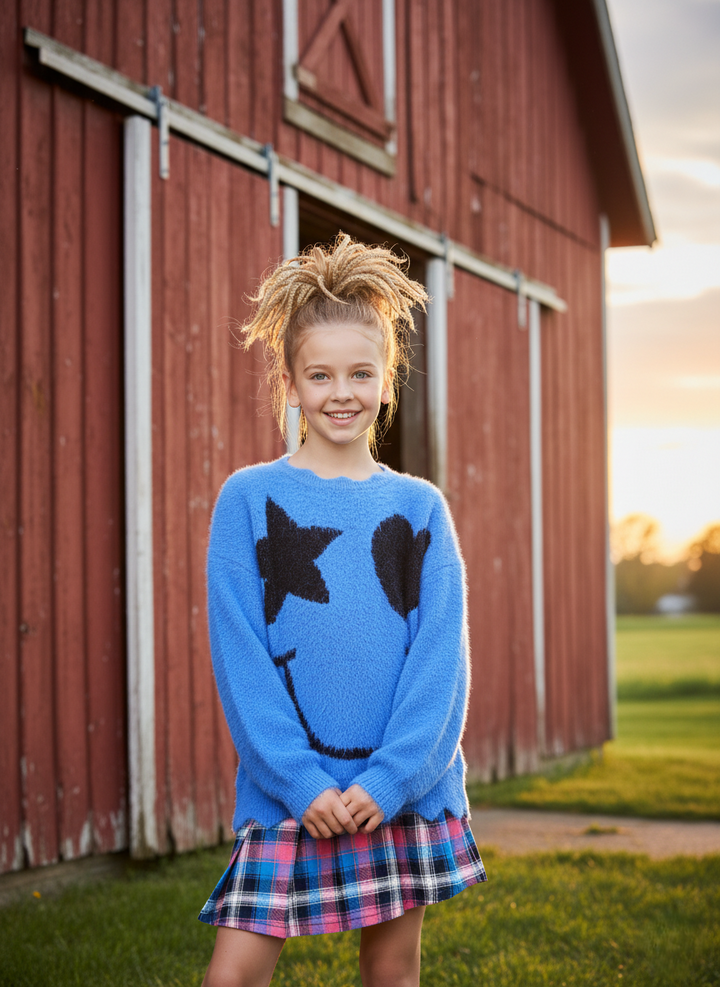 STAR/HEART SMILEY FACE FUZZY SWEATER