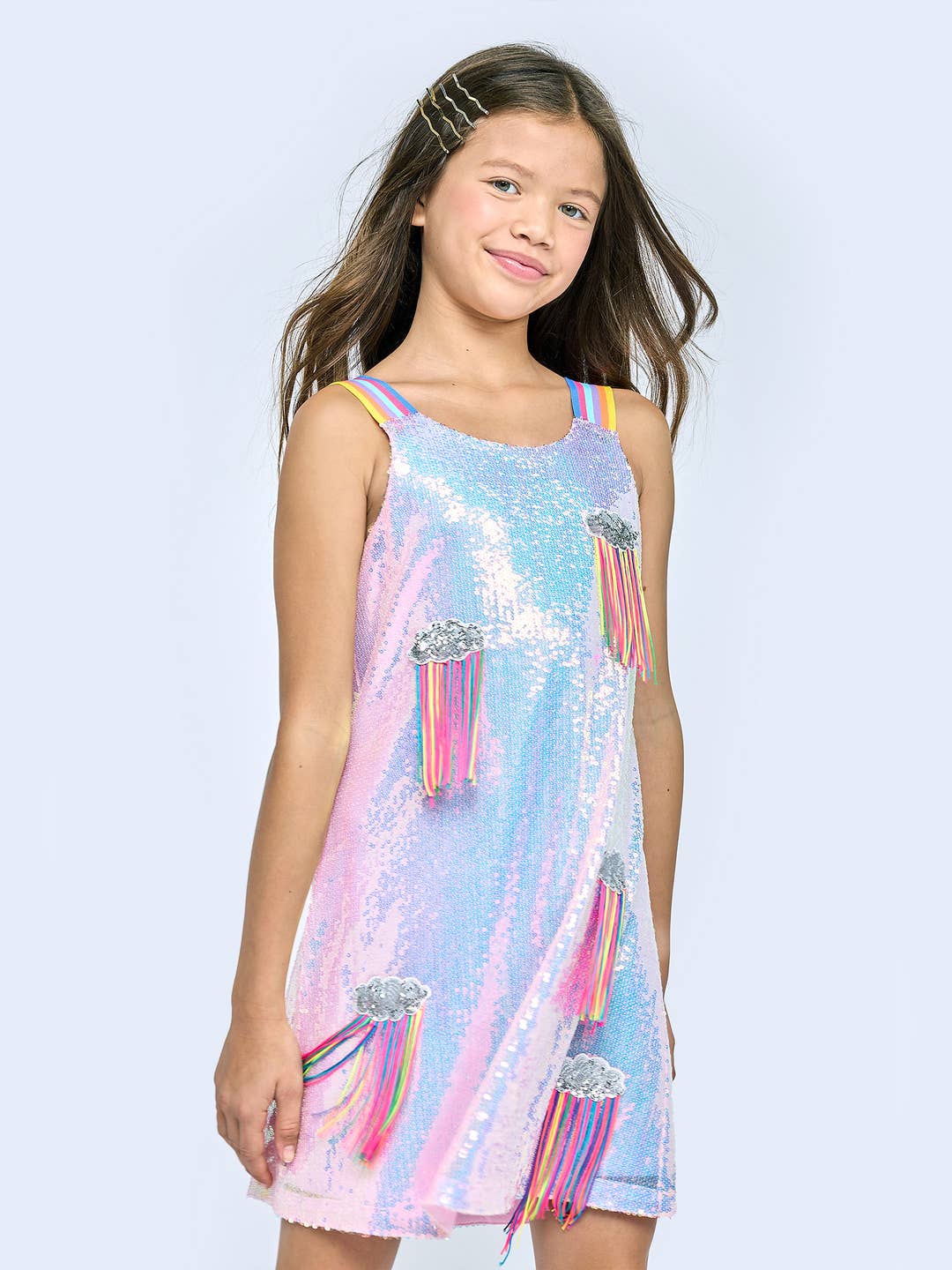 Little | Big | Tween Girls Sequin Cloud Rainbow Fringe Party Dress