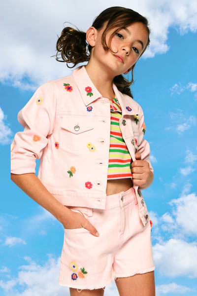 Little I Tween Girl’s Daisy Flower Embroidered Jean Jacket