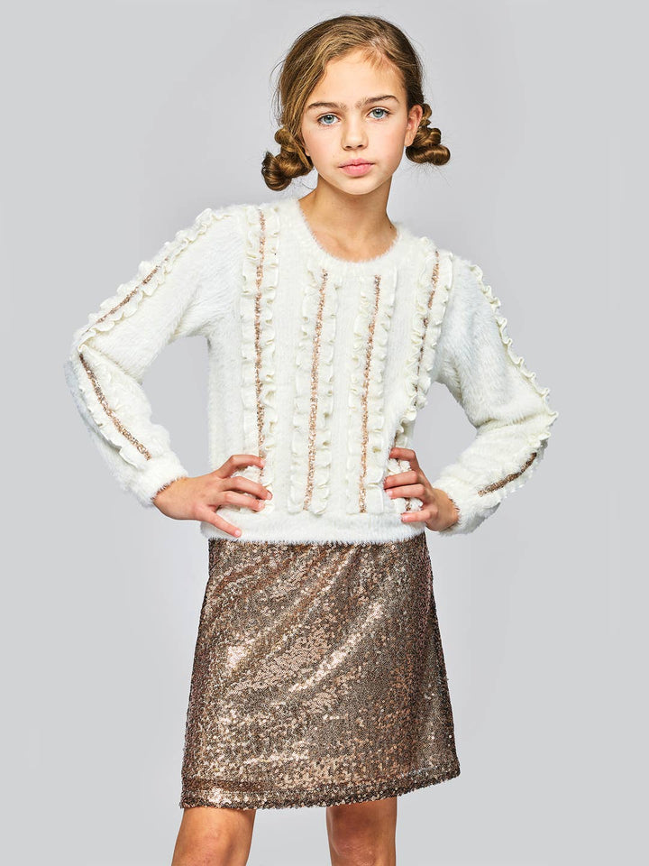 Little l Big l Tween Girl’s Fuzzy Sequin Ruffle Pullover Sweater