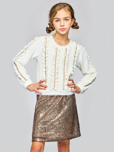 Little l Big l Tween Girl’s Fuzzy Sequin Ruffle Pullover Sweater