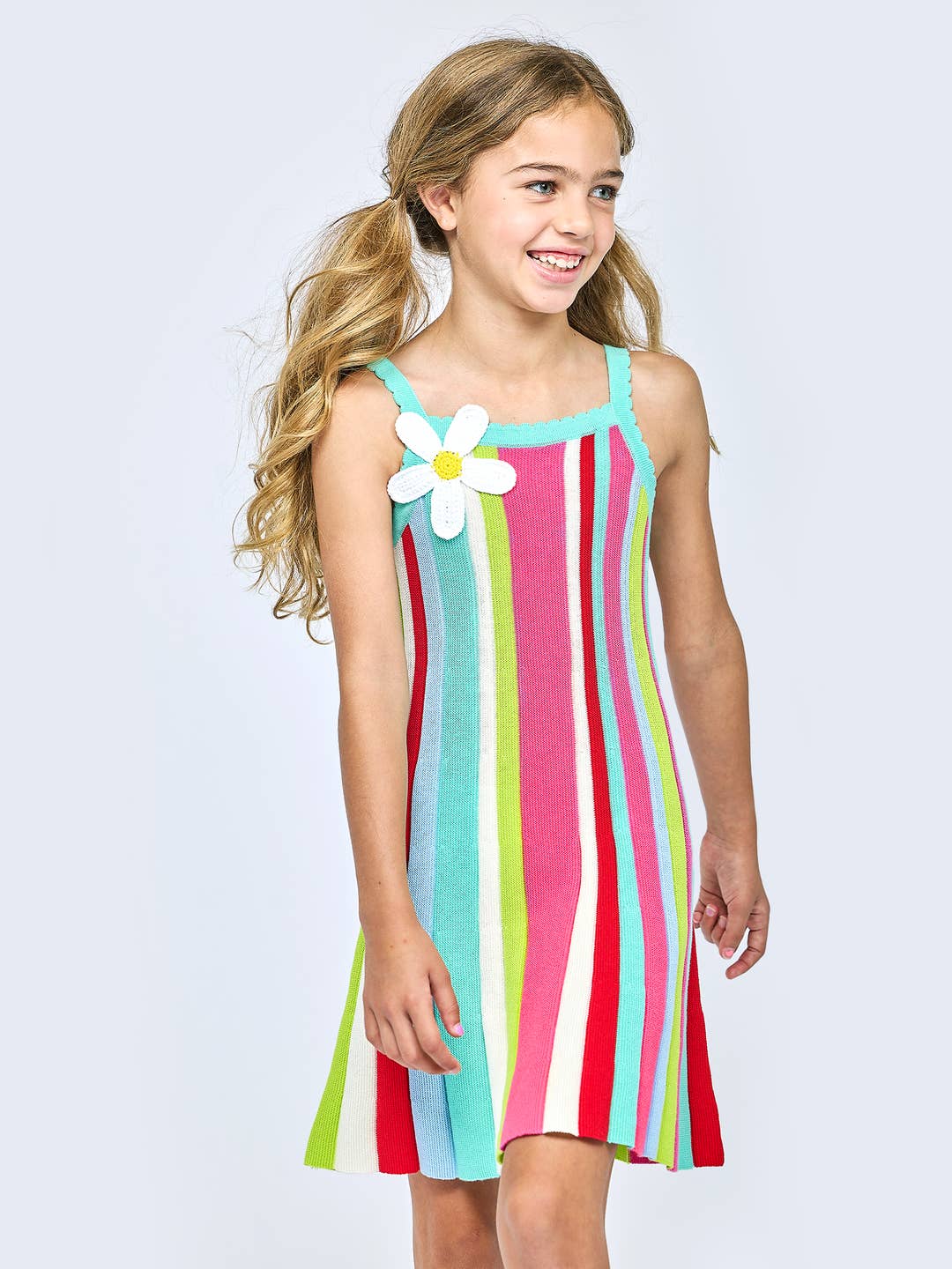Little | Big | Tween Girls Striped Fit & Flare Crochet Flower Dress