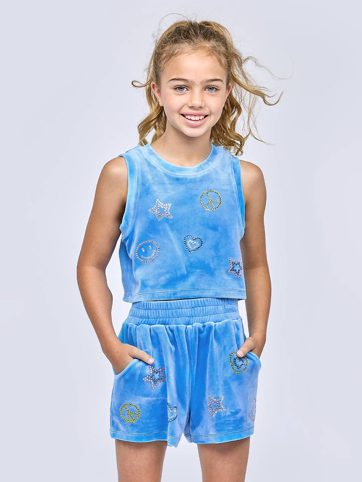 Big l Tween Girls Velour Rhinestone Emojis Crop Top