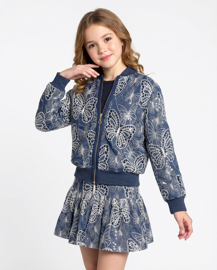 BUTTERFLY EMBROIDERED CHAMBRAY SKIRT