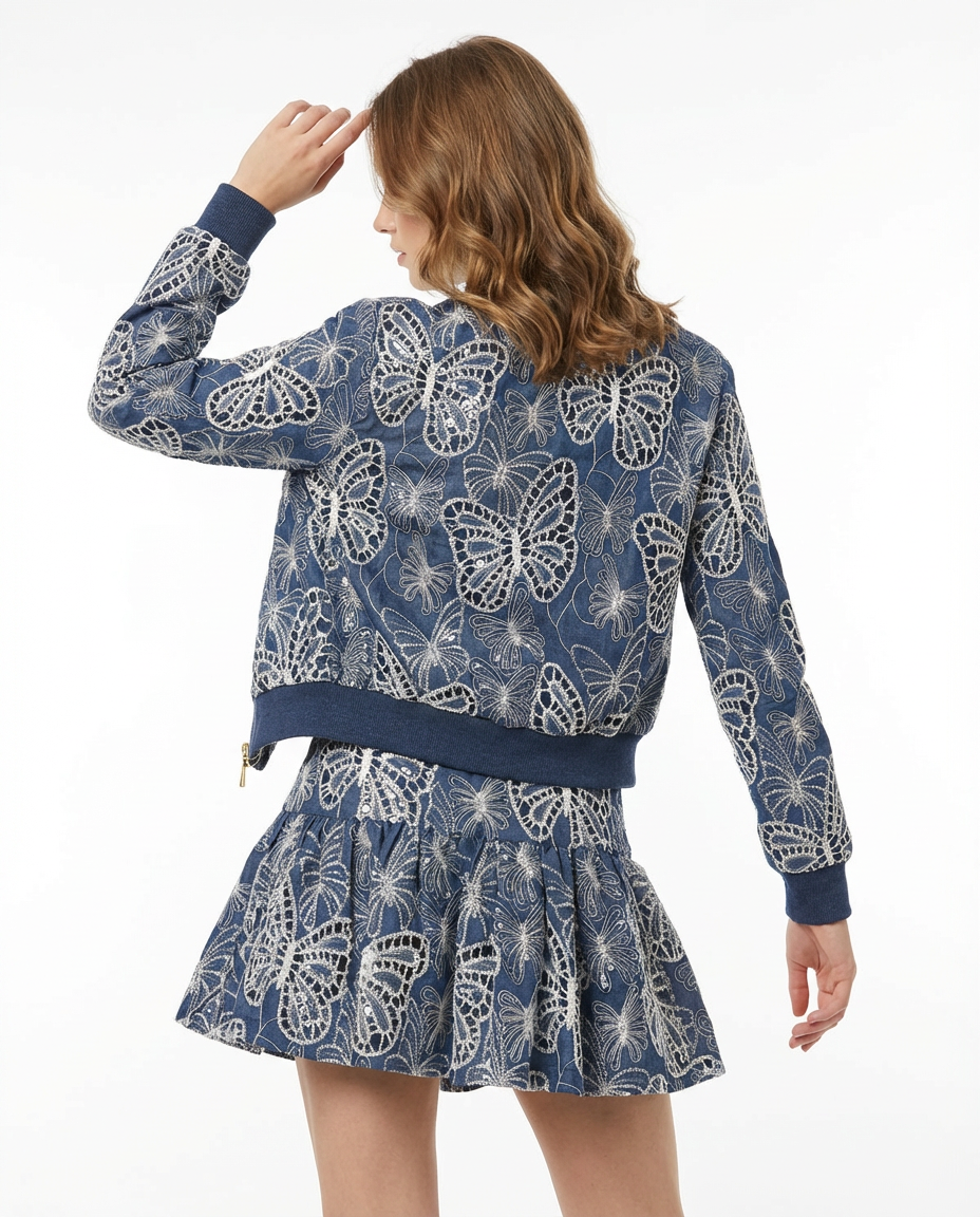 BUTTERFLY EMBROIDERED CHAMBRAY SKIRT
