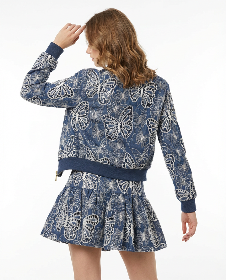 BUTTERFLY EMBROIDERED CHAMBRAY SKIRT