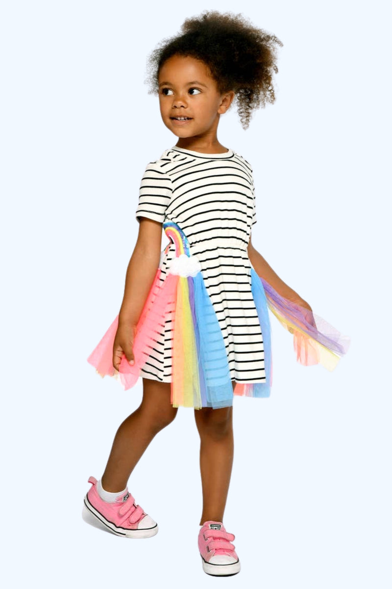 Infant l Toddler Striped Cut Out Rainbow Cloud Mesh Dress