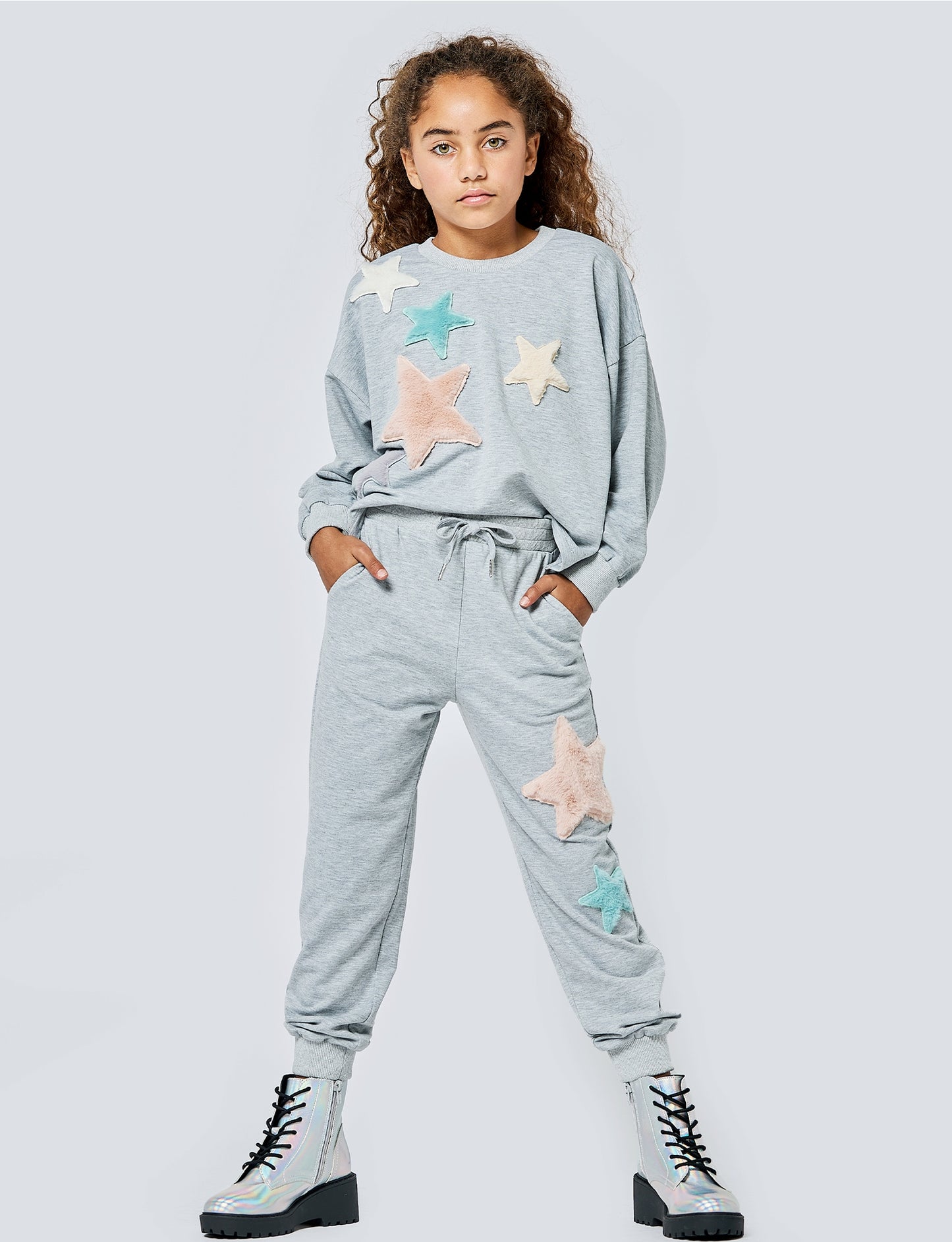 Big l Tween Girls Sporty Faux Fur Pastel Stars Joggers