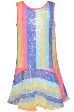 Be the life of the party with this one-of-a-kind Little I Big Girl's Neon Pastel Sequin Candy Stripe Dress! With its dropped waist design and shimmery sequins, this dress will have all the little ones looking fly and fabulous! Let your lil' cutie stun the crowd and feel like the coolest kid on the block. How sweet!  Rounded Scoop Neckline  Sleeveless  Dropped Waist  Shimmering Sequin All Over  Neon Pastel Candy Stripes