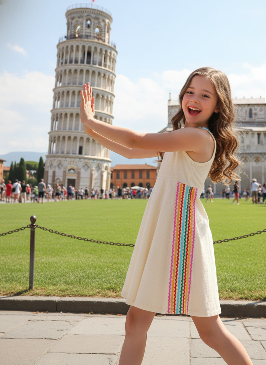 FIT AND FLARE MULTICOLOR RICK RACK FRENCH TERRY DRESS