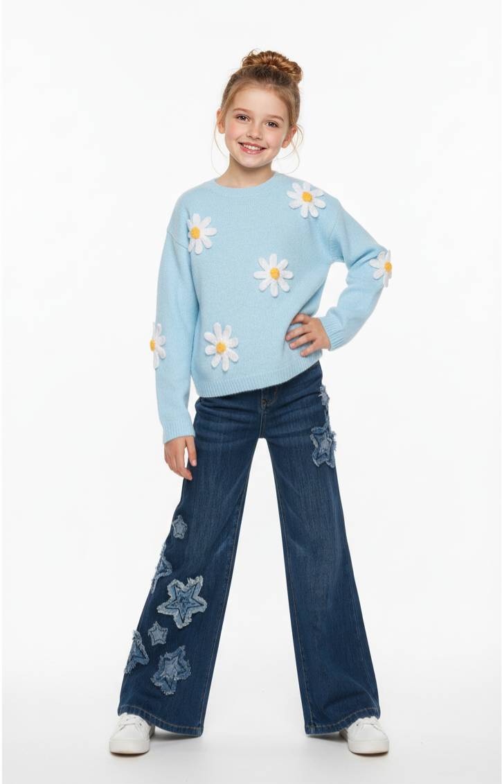 KNIT SWEATER WITH CROCHET DAISY TRIM