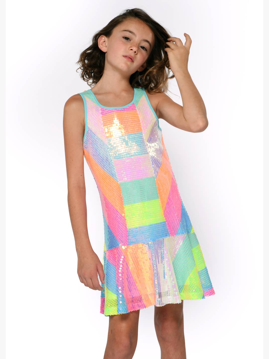 Little Girls Neon Rainbow Colorblock Stripe Sequin Dress