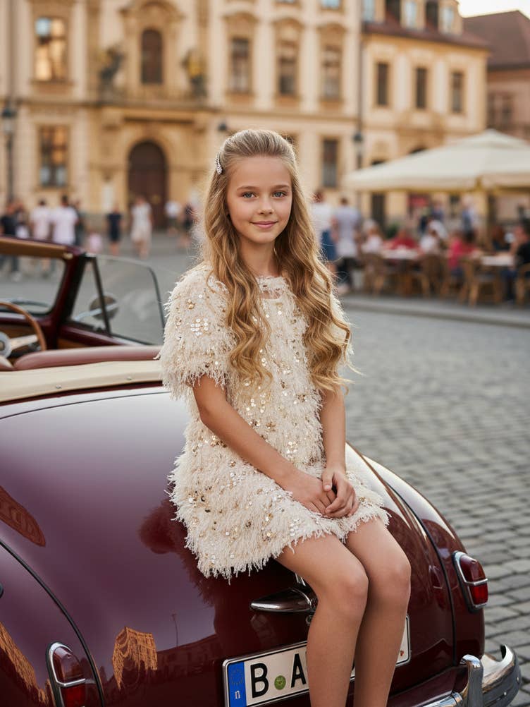 Little l Big l Tween Girl’s Faux Feather Sequin Party Dress
