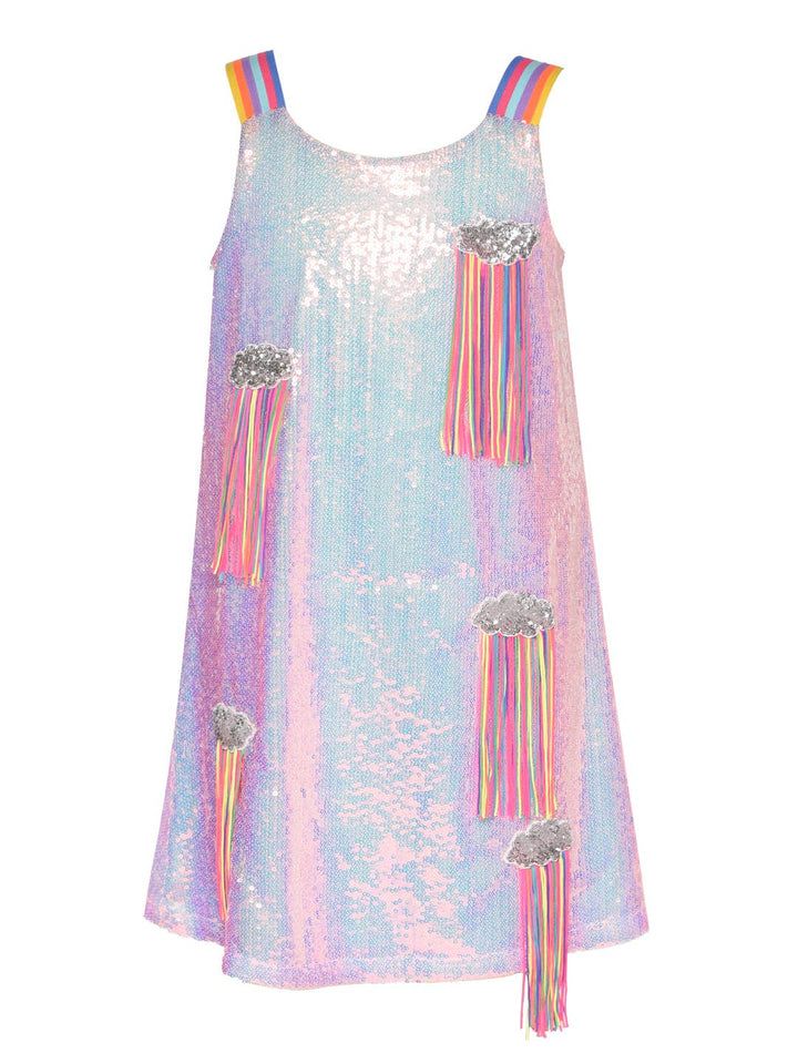 Little | Big | Tween Girls Sequin Cloud Rainbow Fringe Party Dress