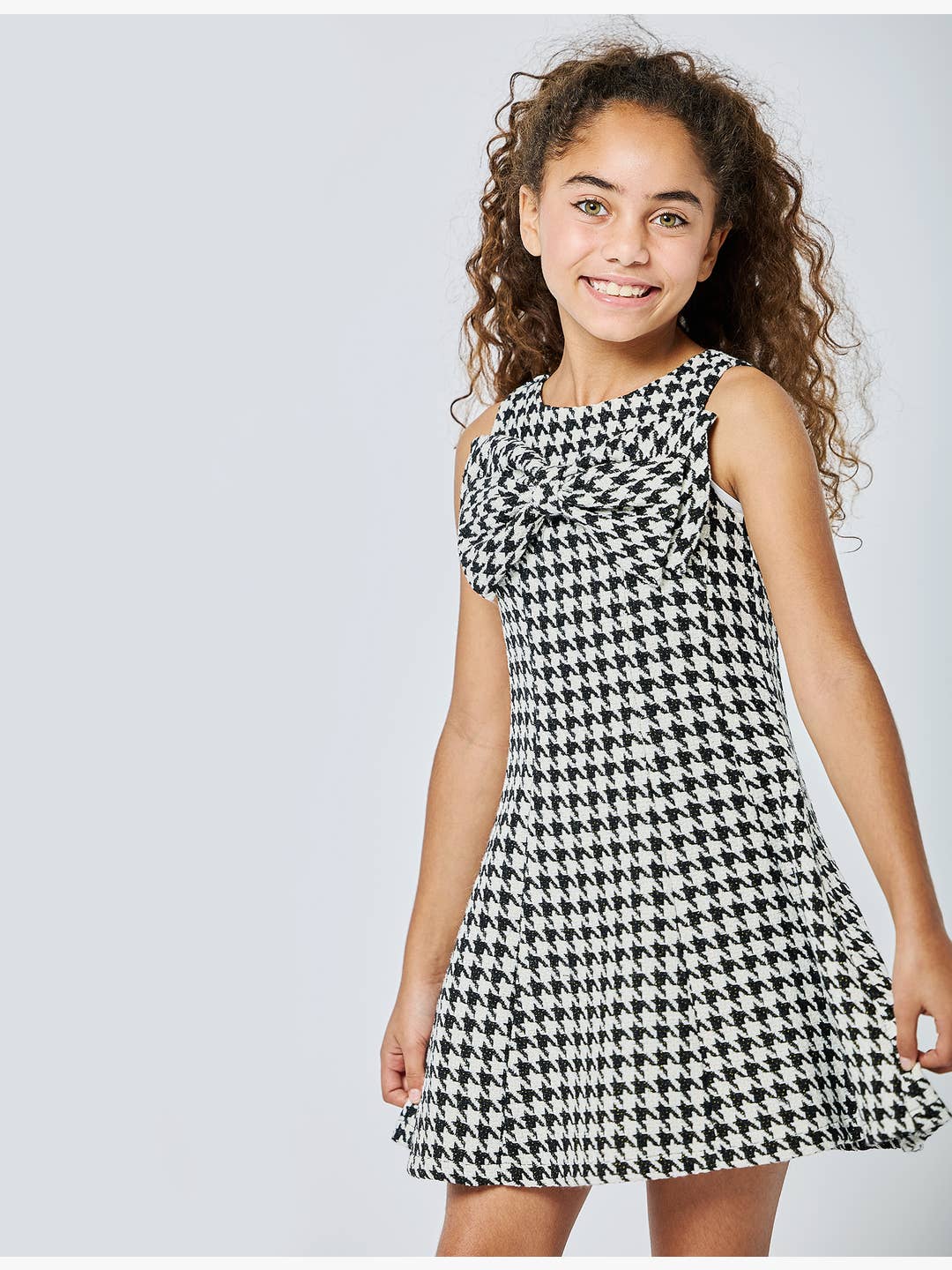 Little l Big l Tween Girl’s Houndstooth Bow Statement Party Dress