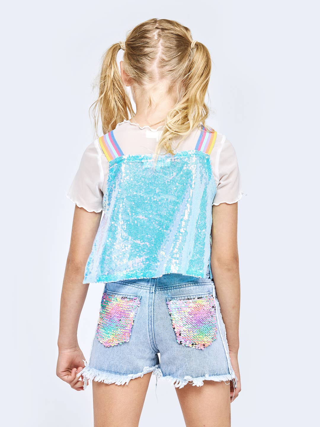 Little l Big l Tween Girls Distressed Rainbow Sequin Jean Shorts