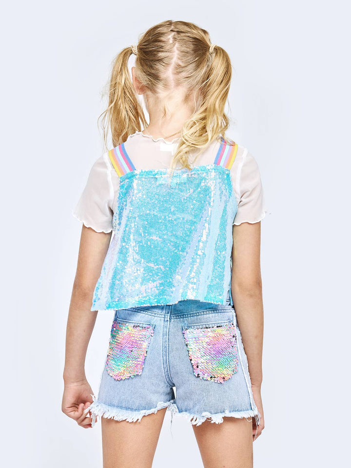 Little l Big l Tween Girls Distressed Rainbow Sequin Jean Shorts