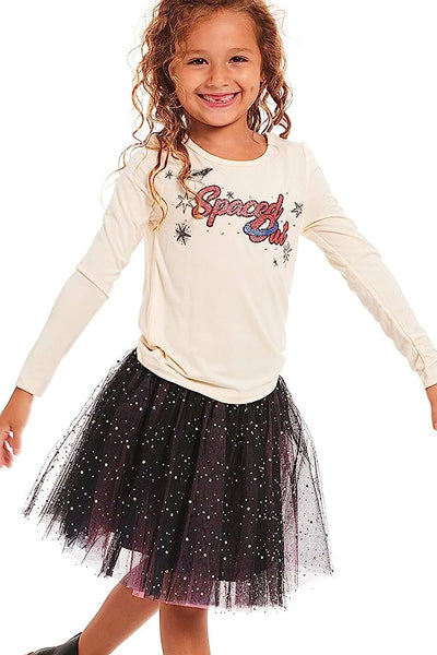 Girls Spaced Out Long Sleeve Glitter Graphic T-shirt