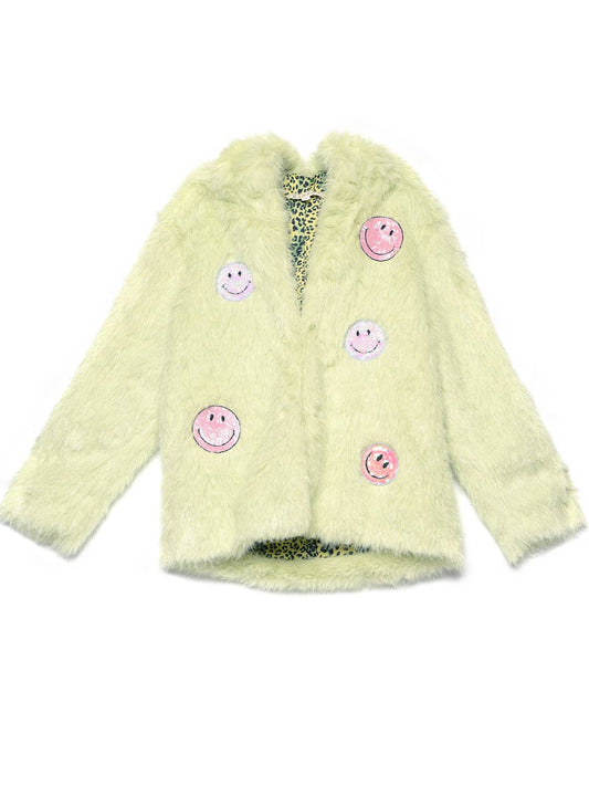 Little l Big l Tween Girls Faux Fur Happy Emoji Patch Coat