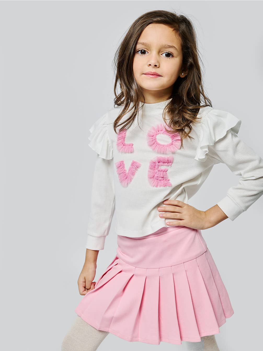 Toddler l Littler Girl’s Ruffled Mesh “Love” Text Long Sleeve Top