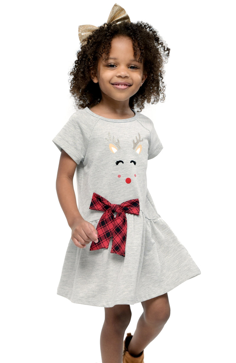 Toddler l Little Girls Dropped Waist Plaid Bow Reindeer Dress