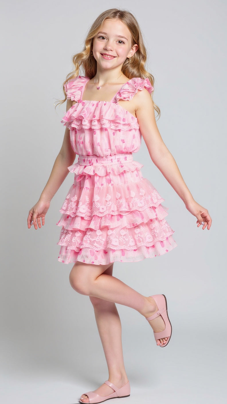 TIERED PRINT SKIRT WITH LACE DETAIL