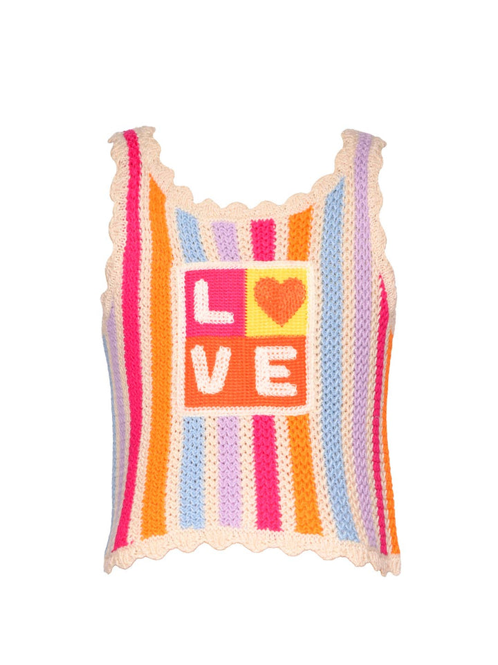 Little l Big l Tween Girl’s Scallop Trim Rainbow Crochet "Love" Top