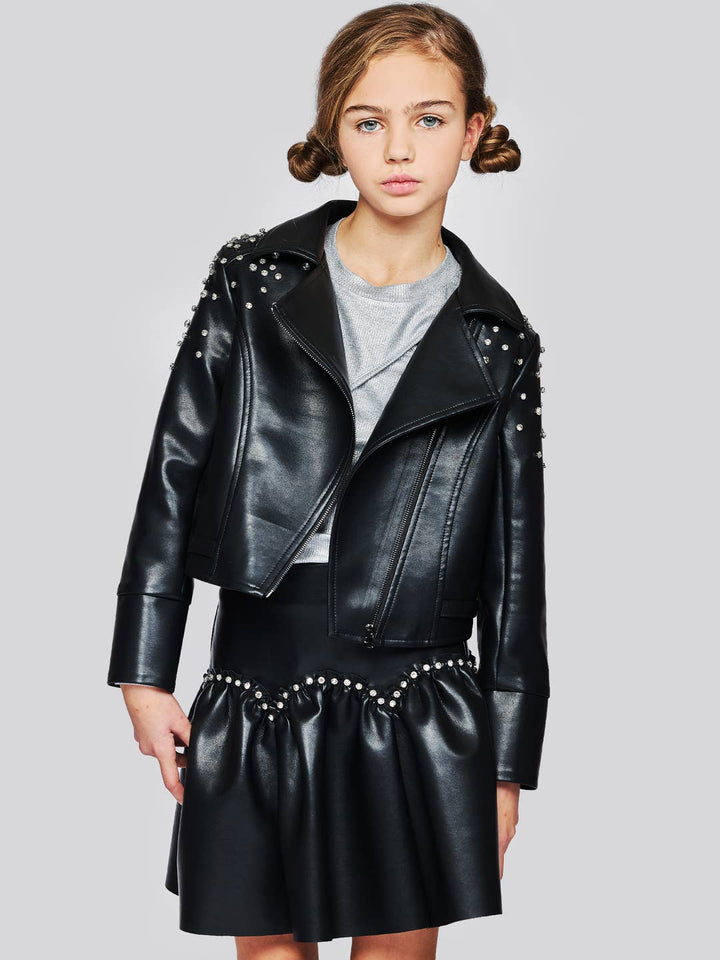 Little l Tween Girl’s Vegan Leather Rhinestone Moto Jacket