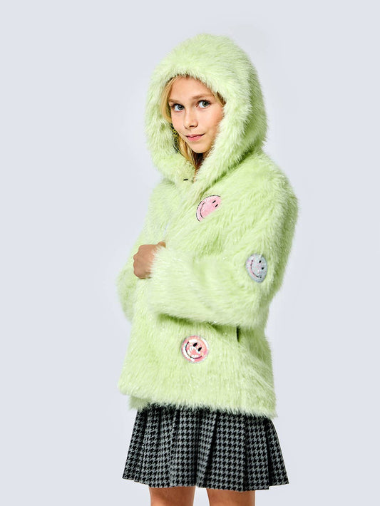 Little l Big l Tween Girls Faux Fur Happy Emoji Patch Coat
