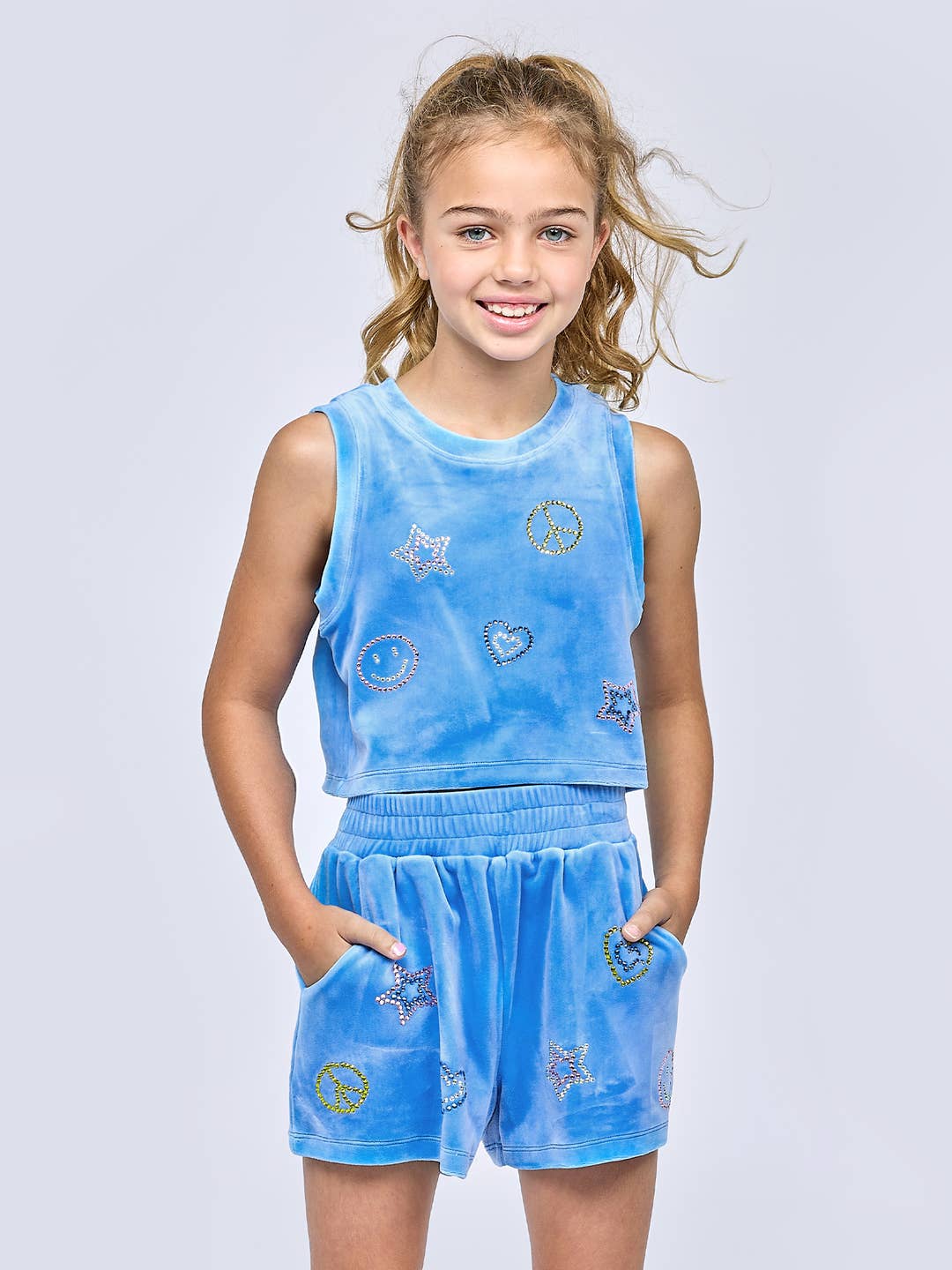 Big l Tween Girls Velour Rhinestone Emojis Shorts
