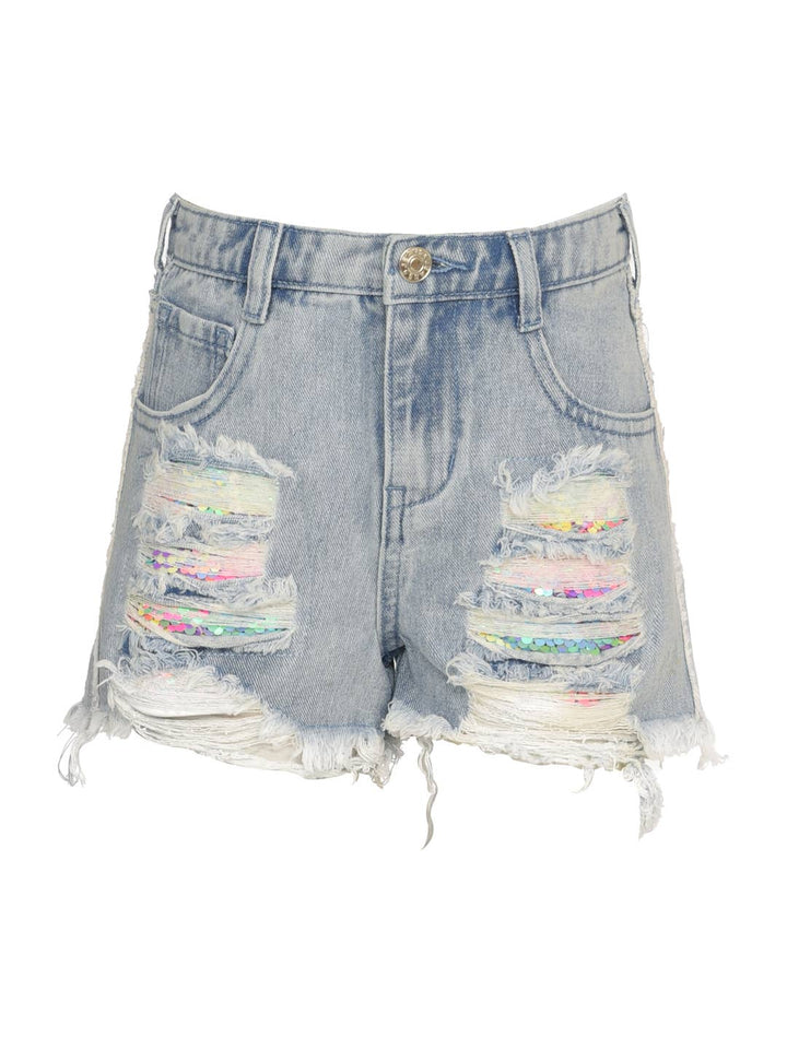 Little l Big l Tween Girls Distressed Rainbow Sequin Jean Shorts