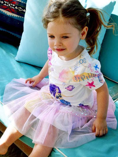 Toddler l Little Girl’s Mermaid Shell Star Fish Bubble Mesh Tail T-Shirt