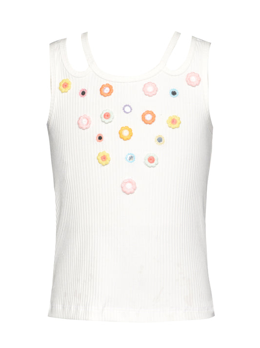 CUTOUT RIB TANK WITH FLOWER EMBROIDERY