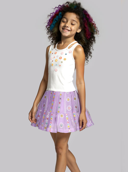 EMBROIDERED MINI SKIRT WITH SMOCKED YOKE